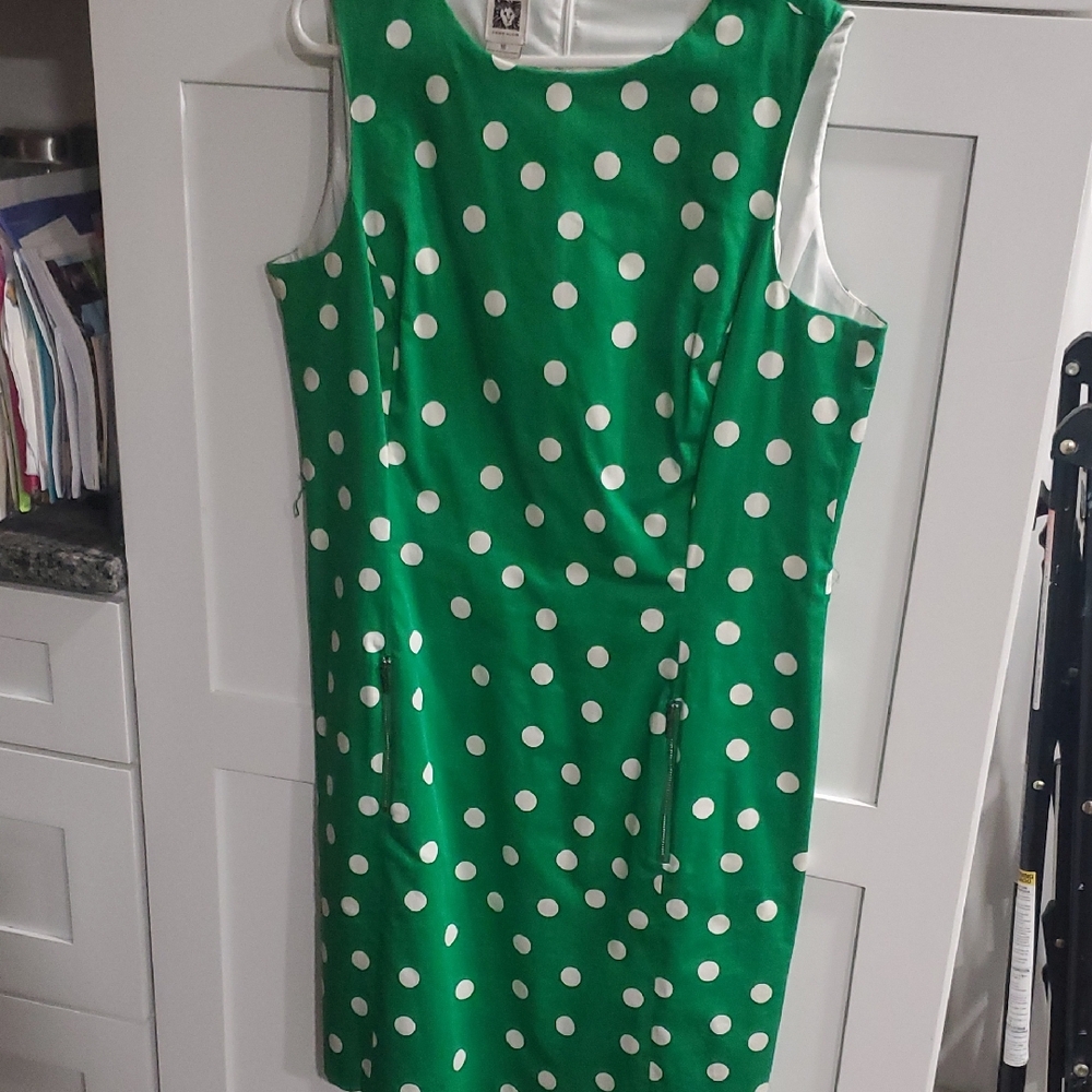 Anne Klein Green and White Polka Dot Sleeveless Sheath Dress